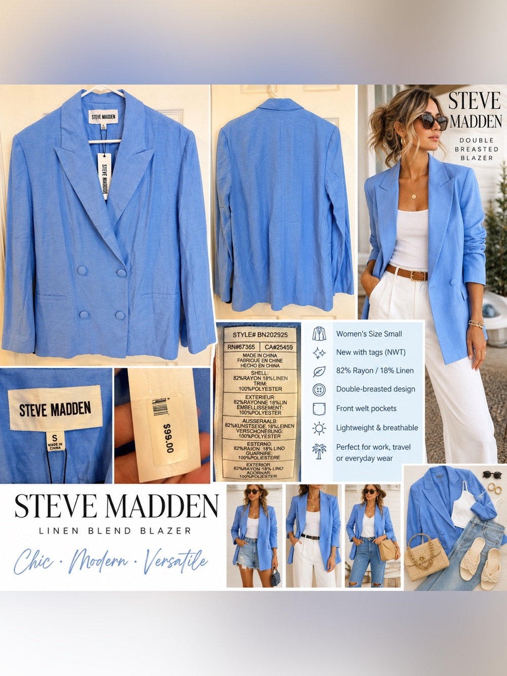 NWT Steve Madden Blue Linen Blend Double Breasted Blazer Size S